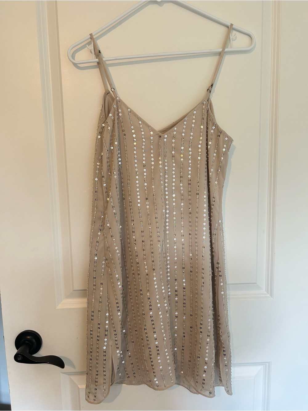 Beaded Beige Slip Dress with Sequin Stripes